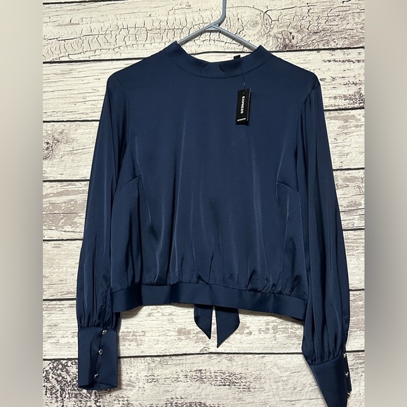 Express Tops - NWT Express Navy Satin Tie Back Blouse Size Large